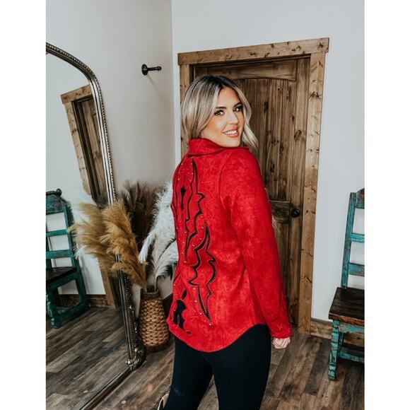 Lucky & Blessed Red Suede Boot Stitch Studded Jacket Western Rodeo NFR~NEW - Picture 2 of 16